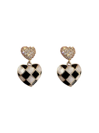 Купить Real Gold Plated 925 Silver Needle Chessboard Grid Loving Heart Zircon Earrings Special-Interest Design eardropKorean Black and White Grid