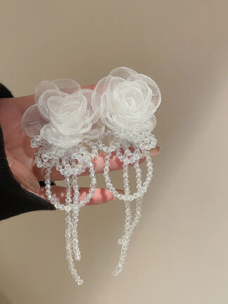 Купить Silver Needle French Organza Flower Crystal Tassel Earrings Super Fairy Rococo Style Earrings Fashionable Earrings Women
