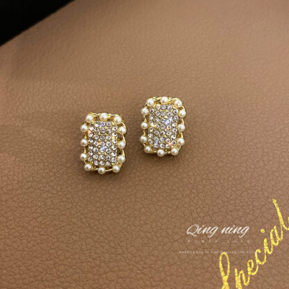 Купить 925 Silver Needle Korean Fashion Rectangular Pearl Diamond Stud Earrings Internet Celebrity Dignified Sense of Design Ear Rings Women