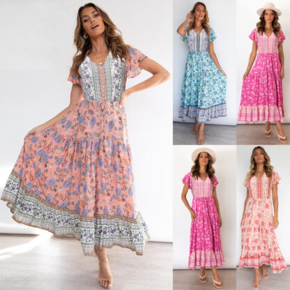 Купить European American Printed Dress 2022 Spring and Summer New Floral Dress Large Size V-neck Sexy Long Amazon Cross-Border