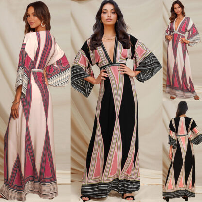 Купить Work Dresses European and American Foreign Trade Large Size Womens Clothing 2022 Spring and Summer New Deep V-neck Indian Printed Long Dress Cross-Border