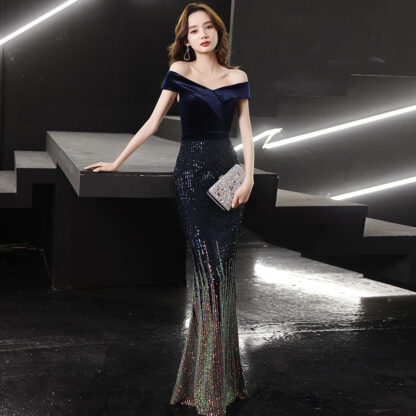 Купить Black Mermaid Evening Dress for Women 2022 New Advanced Texture High-End Banquet Temperament Annual Meeting Host off-Shoulder