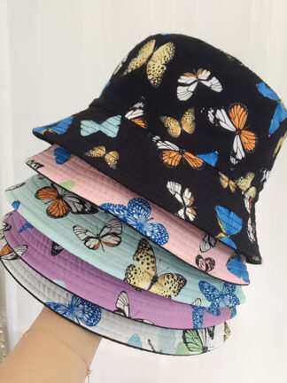 Купить Women's Summer Hat Butterfly Print Bucket Hats Double-side Wear Beautiful Female Sun Protection Caps New