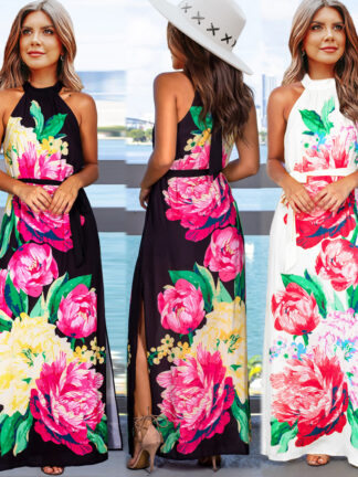 Купить Printed Dress 2022 New Summer Slim-Fit Sleeveless Slit Lace-up Long Dress Self-Developed