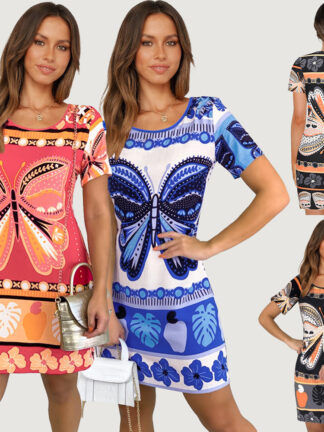 Купить European and American Foreign Trade 2022 Summer New Dress Fashion Butterfly Print round Neck Straight Short Sleeve T-shirt Dress