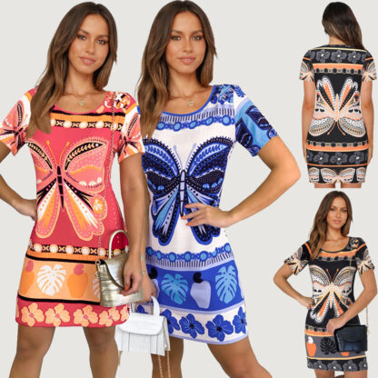 Купить European and American Foreign Trade 2022 Summer New Dress Fashion Butterfly Print round Neck Straight Short Sleeve T-shirt Dress