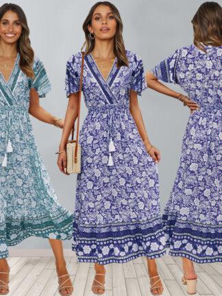 Купить Foreign Trade European American Large Size Dress 2022 Spring and Summer New Rayon Retro Printed Dress Beach Midi Skirt