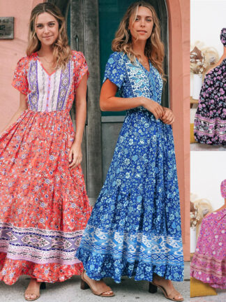 Купить Retro Floral Skirt 2022 Summer Slim-Fit Beach Dress European and American Foreign Trade Amazon Dress Large Size Womens Wholesale