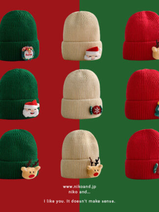 Купить Red Green Hat Christmas Gift Autumn and Winter Warm Knitted Hat Female New Year Ear Protection Wind-Proof Woolen Cap