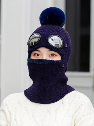 Купить Hat Female Fleece Lined Padded Warm Keeping Winter Cycling Cold Ear Protection Knitting Woolen Cap Windproof Male One-Piec