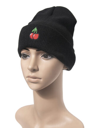 Купить Korean Style Cute Fruit Cherry Embroidery Knitted Hat Autumn and Winter Confinement Warm Pullover Cap Earlap Woolen Hat