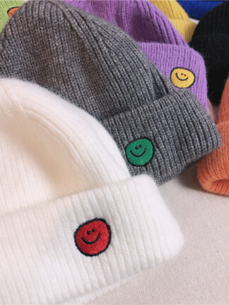 Купить Japanese Style Woolen Cap Children Autumn Winter Korean Style Skullcap Student Smiley Face Melon Skin Male Beanie Hat Ins Fashion Knitted Ha