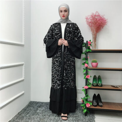 Купить Islamic Clothing Muslim Abaya Dress Women Flare Sleeve Ruffle Jibab Kimono Caftan Long Robe Elbise Sequin Dress Lace-up Jubah