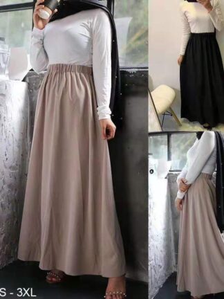 Купить High Waist Muslim Skirt Women Elastic Slim Big Swing A-line Long Skirts Ladies Elegant Dubai Arab Islamic Clothing Solid Color