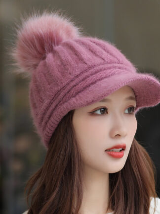Купить Stingy Brim Hats Korean Style New Rabbit Fur Knitted Baseball Female Pure Color Warm Keeping Woolen Cap Autumn and Winter Ear Protection Face Velvet-Padd