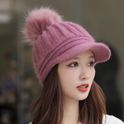 Купить Stingy Brim Hats Korean Style New Rabbit Fur Knitted Baseball Female Pure Color Warm Keeping Woolen Cap Autumn and Winter Ear Protection Face Velvet-Padd