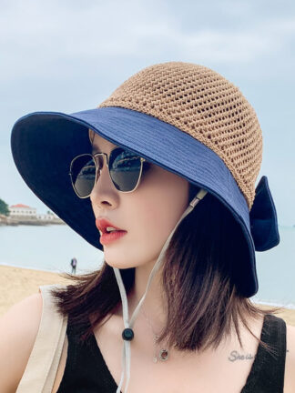 Купить Hats & Caps Female Summer Foldable Small Brim Sun Protection Hat Mesh Bucket Hollow Beach Weaving Straw