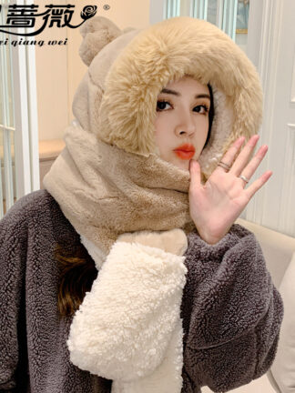 Купить Visor New Winter Scarf Gloves Three-Piece Set All-in-One Warm Keeping Fashion Solid Color Plush Hat