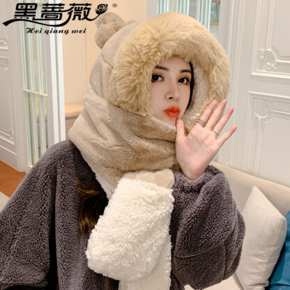 Купить Visor New Winter Scarf Gloves Three-Piece Set All-in-One Warm Keeping Fashion Solid Color Plush Hat