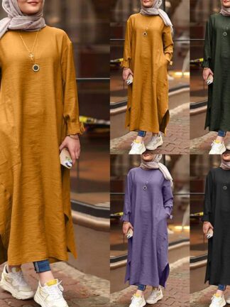 Купить Turkey Dubai Muslim Long Dress Women elegant side split solid Abaya Caftan Islamic ClothesElbise Moroccan Kaftan Hijab vestidos
