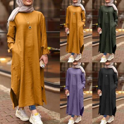 Купить Turkey Dubai Muslim Long Dress Women elegant side split solid Abaya Caftan Islamic ClothesElbise Moroccan Kaftan Hijab vestidos