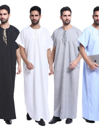 Купить Muslim Short Sleeve Jubah Thobe Dress Kaftan Men Abaya Dubai Saudi Arabia Robes Islamic Clothing Ramadan Man Worship Service