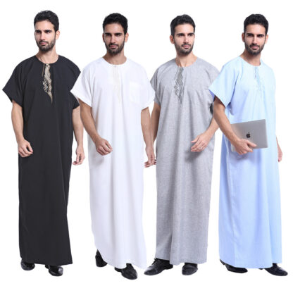 Купить Muslim Short Sleeve Jubah Thobe Dress Kaftan Men Abaya Dubai Saudi Arabia Robes Islamic Clothing Ramadan Man Worship Service