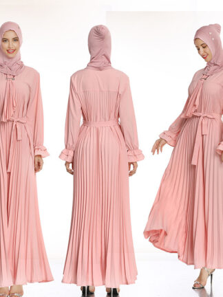 Купить Kalenmos Muslim Abaya Dress Women Solid Ruffle Sleeve Draped Pleated Hijab Long Dresses Moroccan Kaftan Islamic Turkey Jilbab