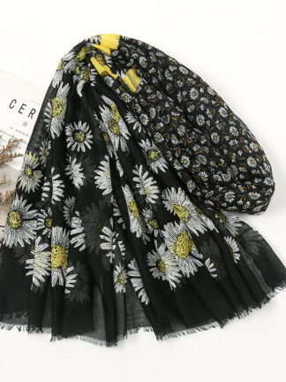 Купить Shawls Soft Voile Cotton and Linen Feel Scarf Black Little Daisy Decorative Travel Sun Protection Shawl Female No. 4