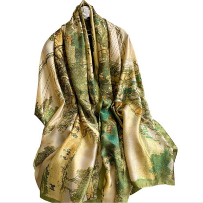 Купить New Silk Scarf Womens Artificial Qingming River Map Printing Decoration Fashion Decorative Sunscreen Shawl Beach Towel No. 3