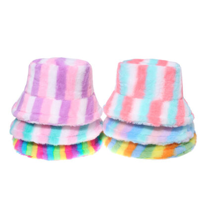 Купить Hats & Caps Cross-Border Amazon Japanese and Korean Casual Fashion Rabbit Fur Colorful Striped Bucket Warm Fisherman Hat Womens