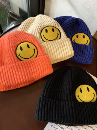 Купить Korean Ins Woolen Cap Womens Autumn and Winter Wild Cute Smiling Face Knitted Hat Mens Fashion Brand Street Hip-Hop Warm Beanie