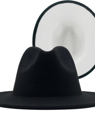 Купить 2021 Amazon Woolen Hat European and American Fashion Black White Color Matching Female Flat Brim Fedora Hat 58cm