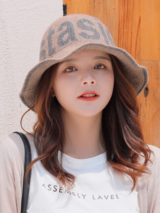 Купить Korean Style Wide Brim Wave Bucket Hat Single-Sided Letter Dome Sun Protection Hat Portable Trend Wool Outdoor Literary