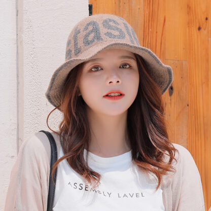 Купить Korean Style Wide Brim Wave Bucket Hat Single-Sided Letter Dome Sun Protection Hat Portable Trend Wool Outdoor Literary