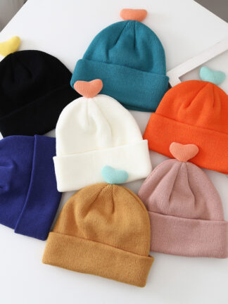 Купить INS Korean Style Baby Wool Cap Autumn and Winter Baby Girls Lovely Heart-Shaped Super Cute 3-6-12 Months Warm Knitted Hat