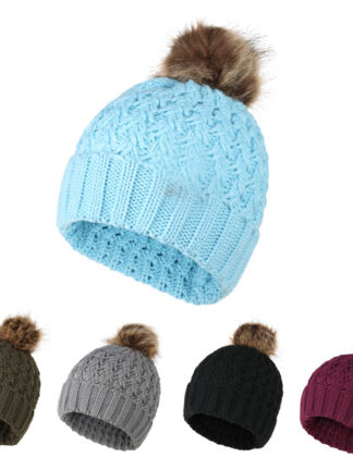 Купить 2021 New Autumn Winter Adult Twist Knitted Wool Hat Ladies Warm Ear Protection Fur Ball Pullover Wholesale