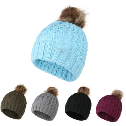 Купить 2021 New Autumn Winter Adult Twist Knitted Wool Hat Ladies Warm Ear Protection Fur Ball Pullover Wholesale