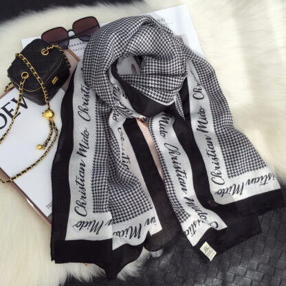 Купить Scarves Spring Korean Style Versatile Letters Houndstooth Cotton and Linen Sunscreen Shawl Travel Scarf Silk