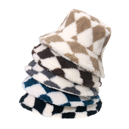 Купить Hats & Caps Spot Goods Autumn and Winter Europe America Cross Border Warm Geometric Diamond Plaid Fisherman Lamb Wool Bucket Hat Foreig