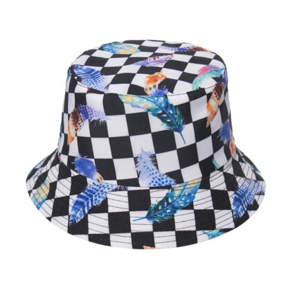 Купить 2021 New Black and White Plaid Colorful Feather Reversible Fisherman Hat Womens Trendy Sun Hat Sun-Proof Basin Hat Mens and Womens Hats No.