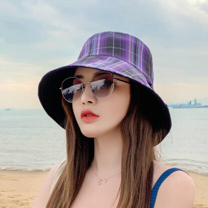 Купить Summer New English Plaid Fisherman Hat Simple Travel Beach Hat Sunshade Wide-Brimmed Hat Female Sun-Proof Bucket