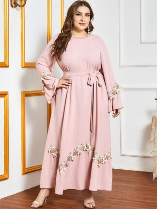 Купить Plus Size Maxi Dress Women Pink Ethnic O Ne Flare Long Sleeve Lace Embroidery Arabic Muslim isalmic clothing moroccan kaftan