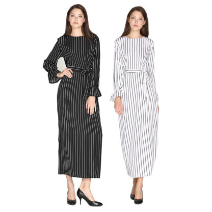 Купить Ramadan Muslim Women Dress Eid Turkey Moroccan Kaftan Striped Musulman Shirt Abayas Lace-up Slim Dubai Arab Islamic Clothing