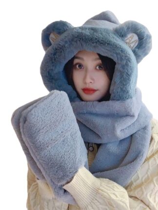 Купить Visors New M Bear Ears Hat Gloves Scarf Three-Piece Set Womens Winter Warm and Cute Plush Bonnet Riding