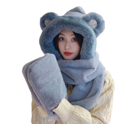 Купить Visors New M Bear Ears Hat Gloves Scarf Three-Piece Set Womens Winter Warm and Cute Plush Bonnet Riding