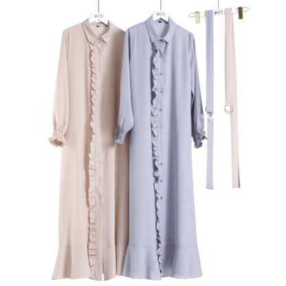 Купить Turkey Modest Muslim Shirt Dress Women Lapel Ruffle Lace-up Islamic Moroccan Kaftan Office Lady Maxi Dubai Kimono Robe Vestidos