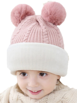 Купить Childrens Hat Autumn Winter Double Fur Ball One-Piece Woolen Cap Plush Thickened Warm 2-Year-Old Male and Female Baby Knitted