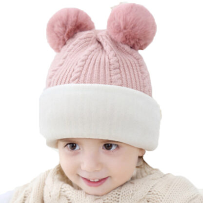 Купить Childrens Hat Autumn Winter Double Fur Ball One-Piece Woolen Cap Plush Thickened Warm 2-Year-Old Male and Female Baby Knitted