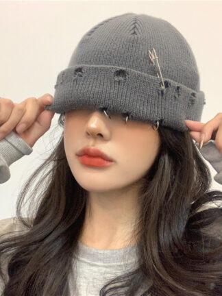 Купить Hat Autumn and Winter Ripped Ruffle Solid Color Knitted Female Hipster Street Woolen Cap All-Match Style Wholesale